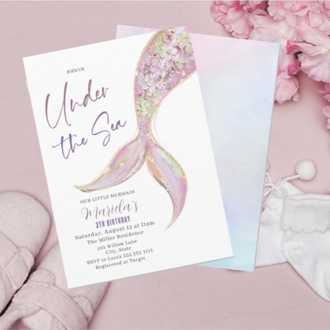 Elegant Watercolor Mermaid Tail Under 3th Birthday Invitation (Creator Uploaded)