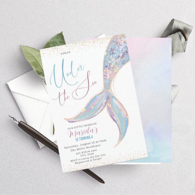 Elegant Watercolor Mermaid Tail Under 4 th Birthda Invitation (Creator Uploaded)