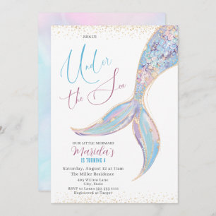 Elegant Watercolor Mermaid Tail Under 4 th Birthda Invitation