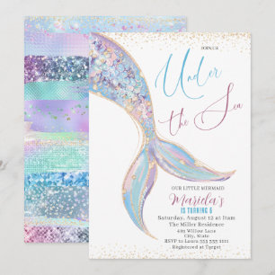 Elegant Watercolor Mermaid Tail Under 5 th Birthda Invitation
