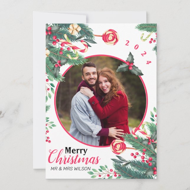 Elegant Watercolor Merry Christmas Couple Photo Holiday Card (Front)