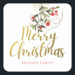 Elegant Watercolor Mistletoe Gold Merry Christmas Square Sticker<br><div class="desc">Trendy Christmas stickers with an elegant watercolor mistletoe print . Personalize with family name.</div>