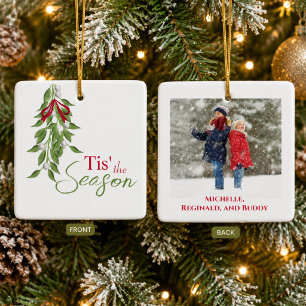 Elegant Watercolor Mistletoe Personalized Photo Ceramic Ornament