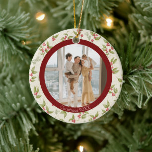 Elegant Watercolor Mistletoe, Red Frame Family Ceramic Ornament