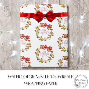 Elegant Watercolor MIstletoe Wreath & Red Bow  Wrapping Paper