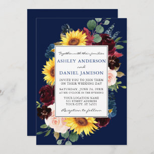 Elegant Watercolor Mixed Floral Frame Blue Wedding Invitation
