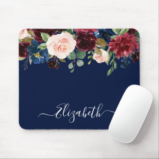 Elegant Watercolor Mixed Floral Trendy Script Blue Mouse Pad