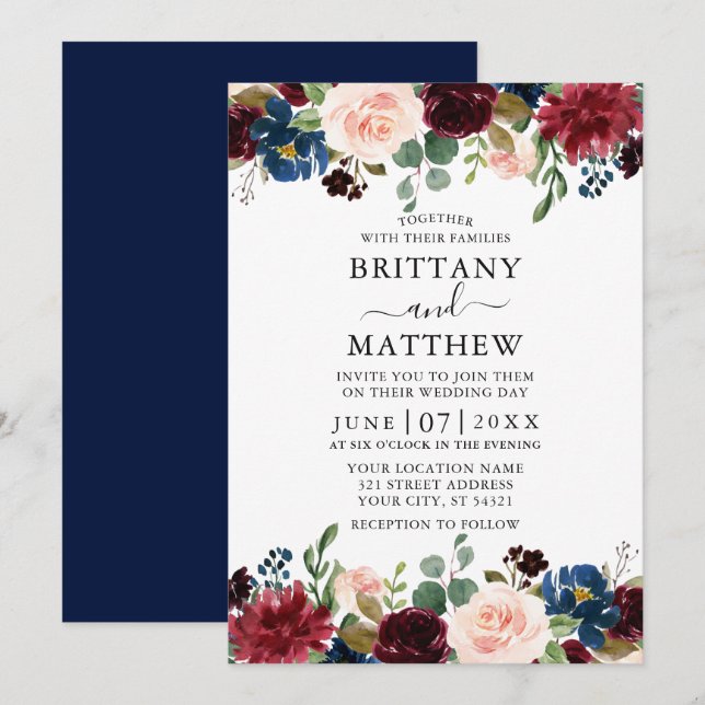 Elegant Watercolor Mixed Floral Wedding Blue Invitation (Front/Back)