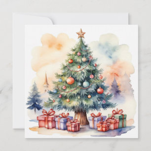 Elegant Watercolor Modern Merry Christmas Tree Holiday Card
