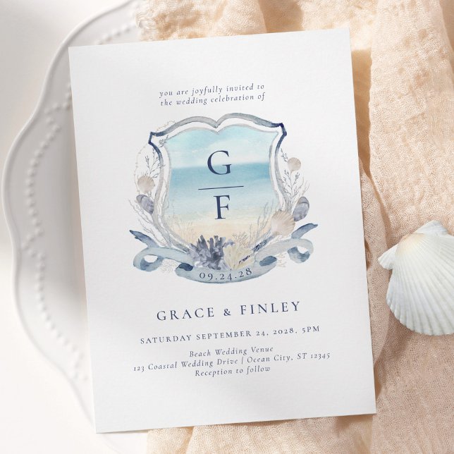 Elegant Watercolor Monogram Crest Beach Wedding Invitation (Creator Uploaded)