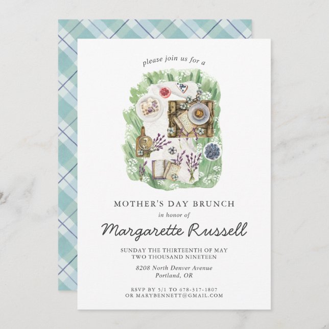 Elegant Watercolor Mother's Day Picnic Brunch Invitation (Front/Back)