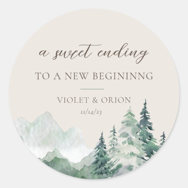 Elegant Watercolor Mountain Wedding Favour Sticker (Front)