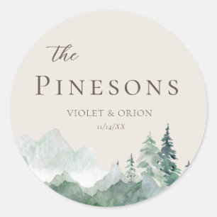Elegant Watercolor Mountain Wedding Favour Sticker