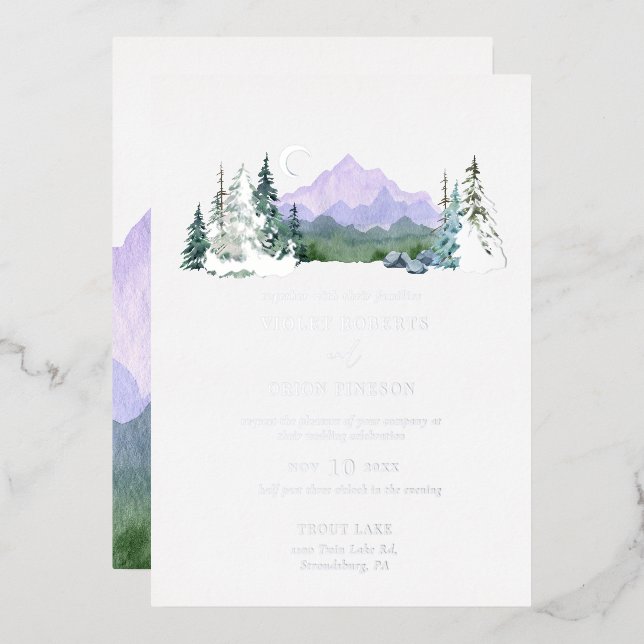 Elegant Watercolor Mountain Wedding Silver  (Front/Back)