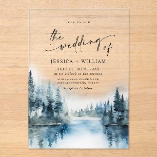 Elegant Watercolor Mountains Forest Wedding Acrylic Invitations