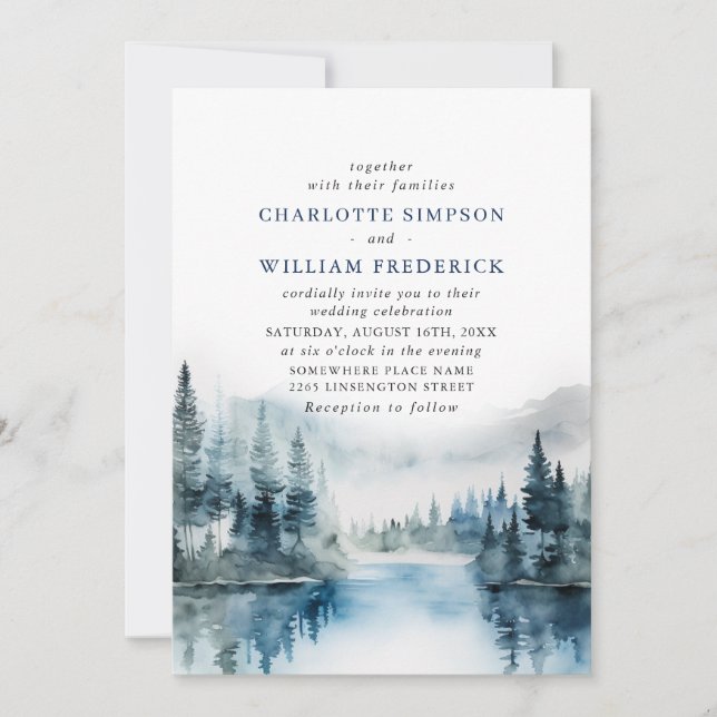 Elegant Watercolor Mountains Forest Wedding Invitation (Front)