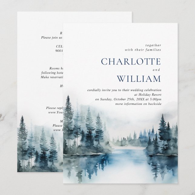 Elegant Watercolor Mountains Forest Wedding Invitation (Front/Back)