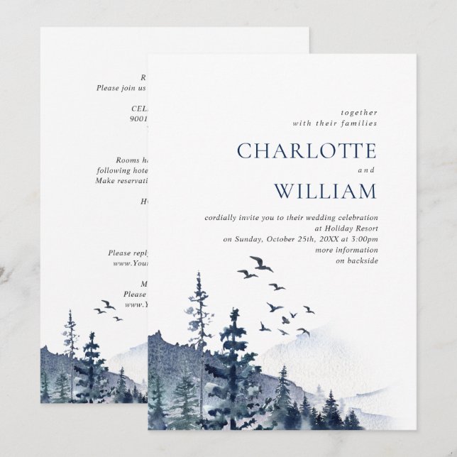 Elegant Watercolor Mountains Forest Wedding Invitation (Front/Back)