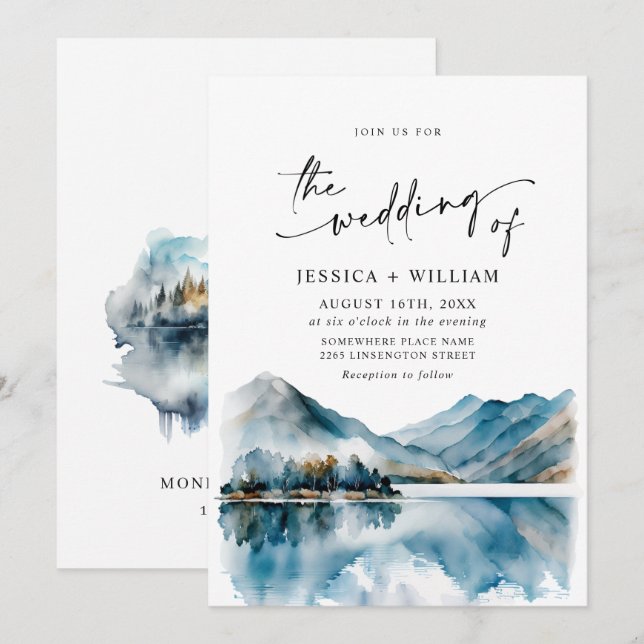 Elegant Watercolor Mountains Forest Wedding Invitation (Front/Back)