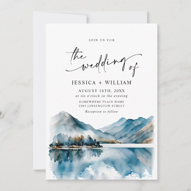 Elegant Watercolor Mountains Forest Wedding Invitation (Front)