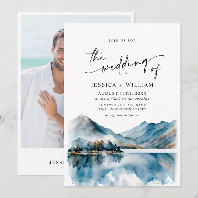 Elegant Watercolor Mountains Forest Wedding Photo Invitation (Front/Back)