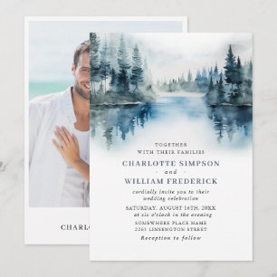 Elegant Watercolor Mountains Forest Wedding Photo Invitation