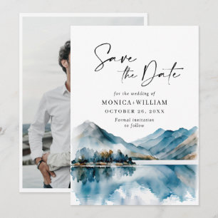 Elegant Watercolor Mountains Forest Wedding Photo Save The Date