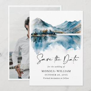 Elegant Watercolor Mountains Forest Wedding Photo Save The Date