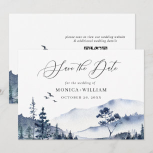 Elegant Watercolor Mountains Forest Wedding QR Save The Date