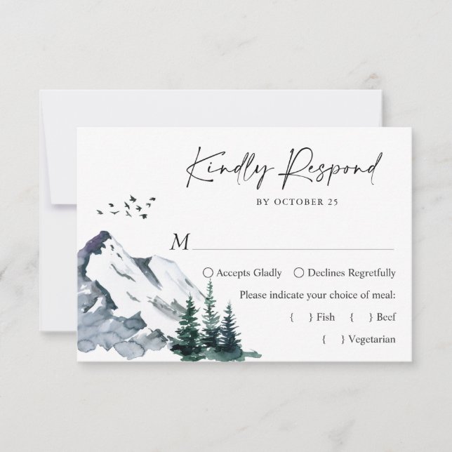 Elegant Watercolor Mountains Forest Wedding  RSVP Card (Front)