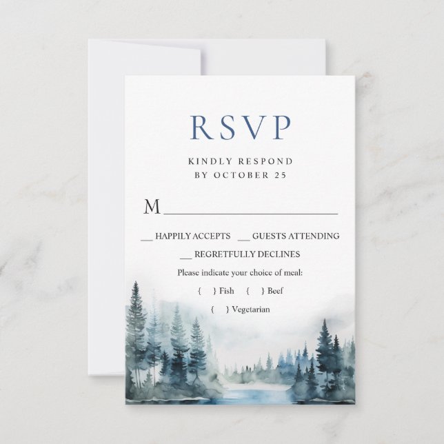Elegant Watercolor Mountains Forest Wedding RSVP Card (Front)