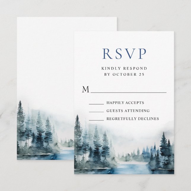 Elegant Watercolor Mountains Forest Wedding RSVP Card (Front/Back)