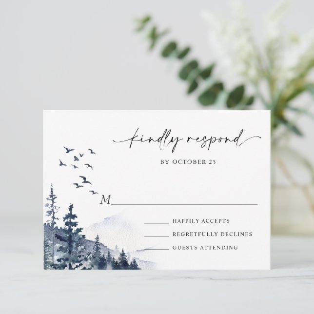 Elegant Watercolor Mountains Forest Wedding RSVP Card (Standing Front)