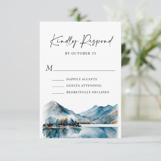Elegant Watercolor Mountains Forest Wedding RSVP Card (Standing Front)