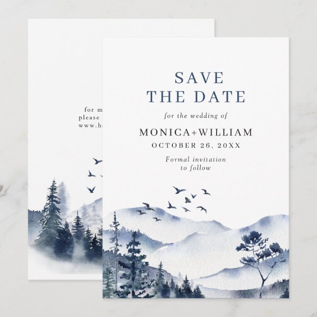 Elegant Watercolor Mountains Forest Wedding Save The Date (Front/Back)