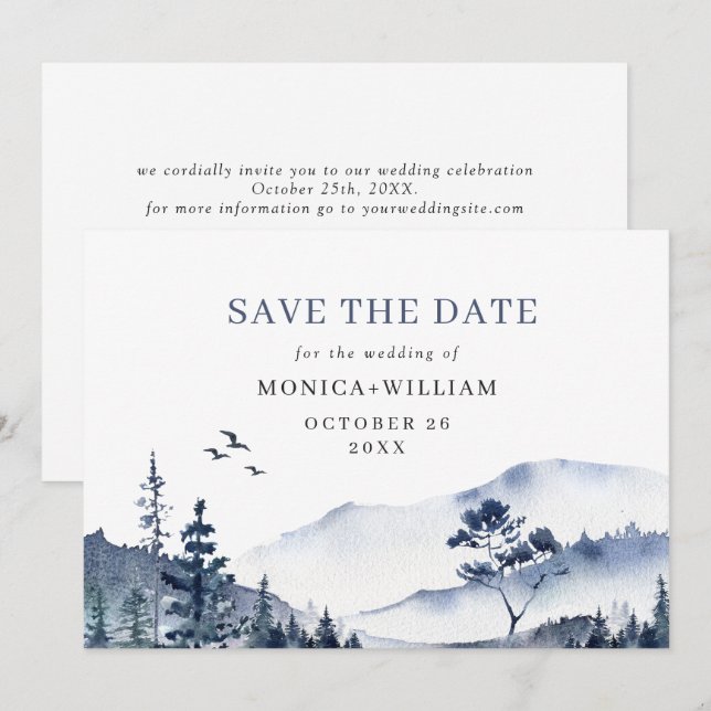 Elegant Watercolor Mountains Forest Wedding Save The Date (Front/Back)
