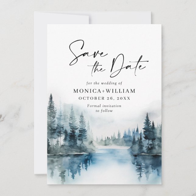 Elegant Watercolor Mountains Forest Wedding Save The Date (Front)
