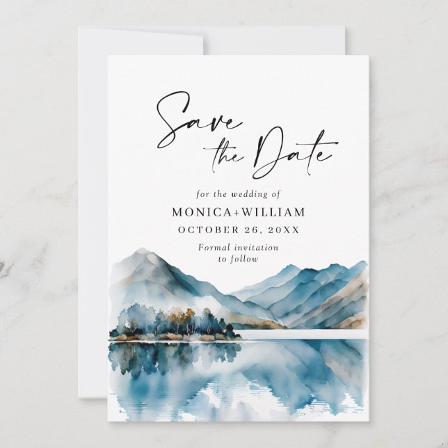 Elegant Watercolor Mountains Forest Wedding Save The Date (Front)