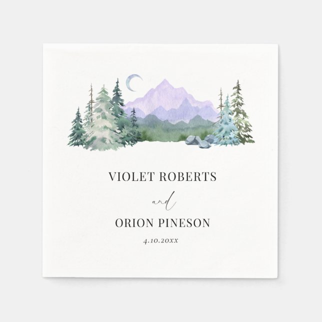 Elegant Watercolor Mountains Wedding Personalized Napkin (Front)