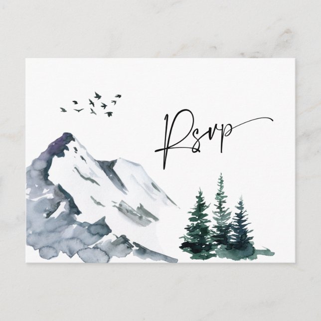 Elegant Watercolor Mountains Wedding QR code RSVP Postcard (Front)