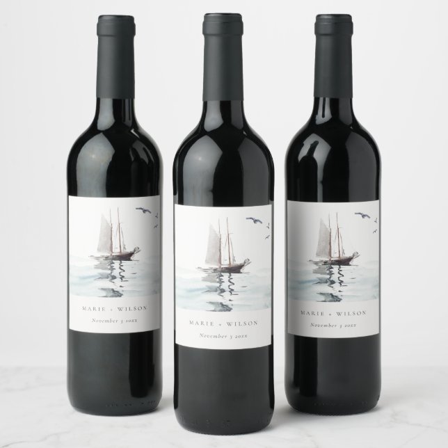 Elegant Watercolor Nautical Sailing Yacht Wedding Wine Label (Bottles)