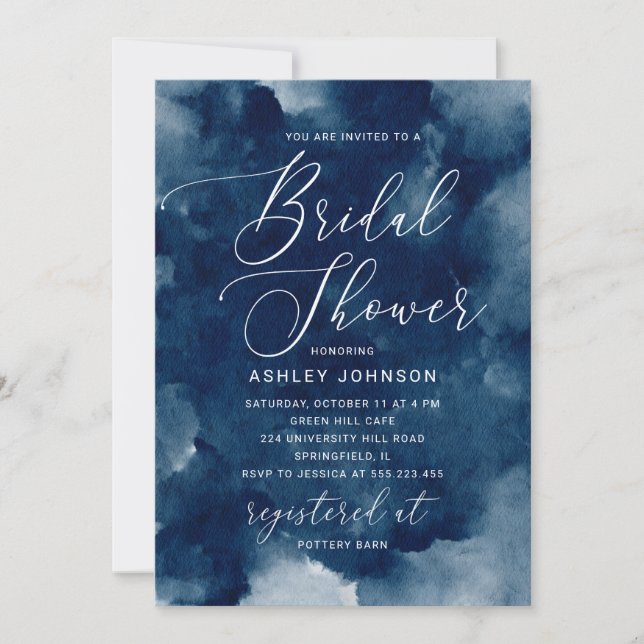 Elegant watercolor navy nautical bridal shower invitation (Front)