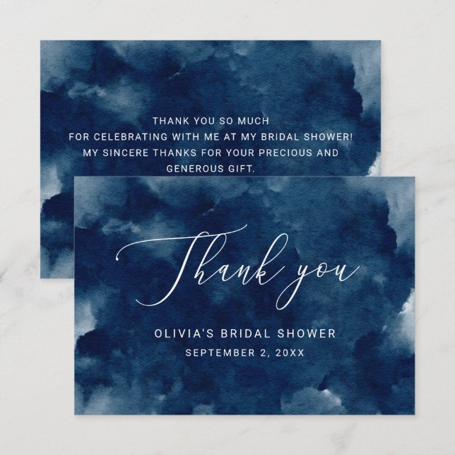 Elegant watercolor navy nautical bridal shower thank you card (Front/Back)