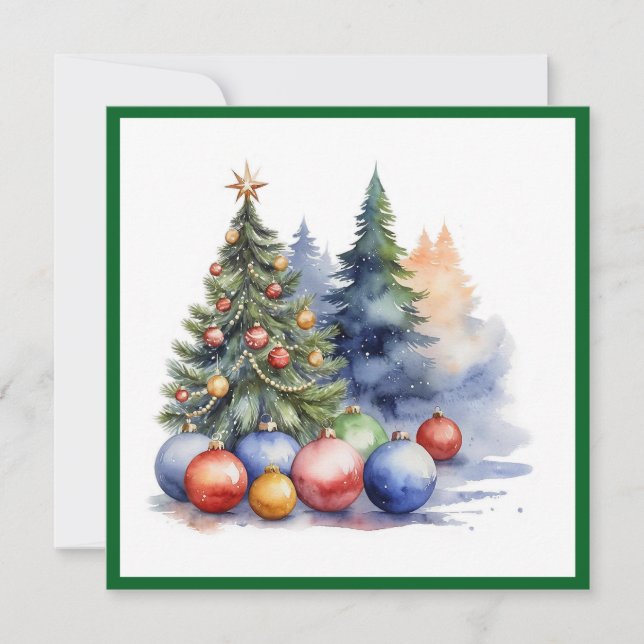 Elegant Watercolor Non Photo Christmas Tree Holiday Card (Front)
