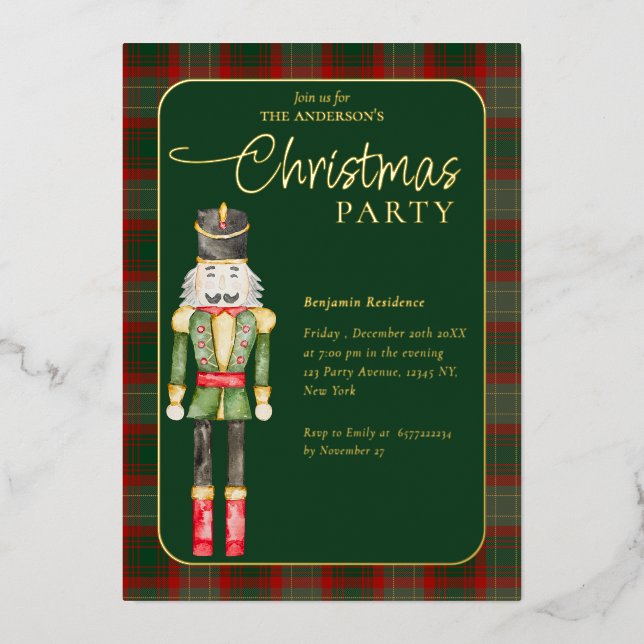 Elegant Watercolor Nutcrackers Christmas Party  Foil Holiday Card (Front)