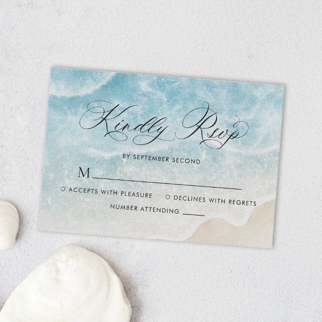 Elegant Watercolor Ocean Beach Script Wedding RSVP Card (Creator Uploaded)