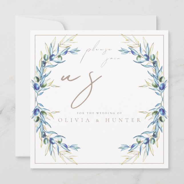 Elegant Watercolor Olive Branch Wedding Invitation (Front)