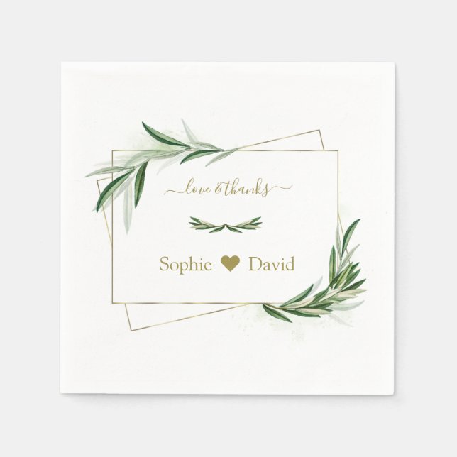 Elegant Watercolor Olive Greenery Gold Wedding   Napkin (Front)