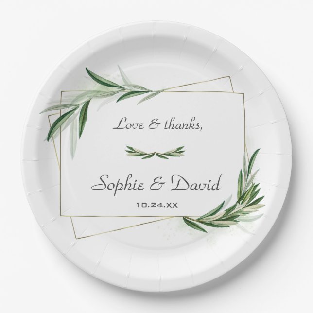 Elegant Watercolor Olive Greenery Gold Wedding Paper Plate (Front)