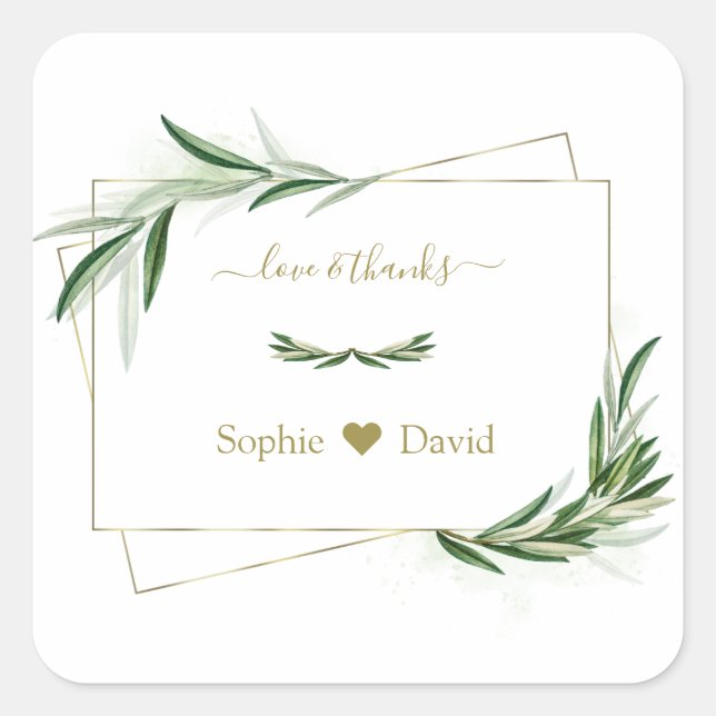 Elegant Watercolor Olive Greenery Gold Wedding   Square Sticker (Front)